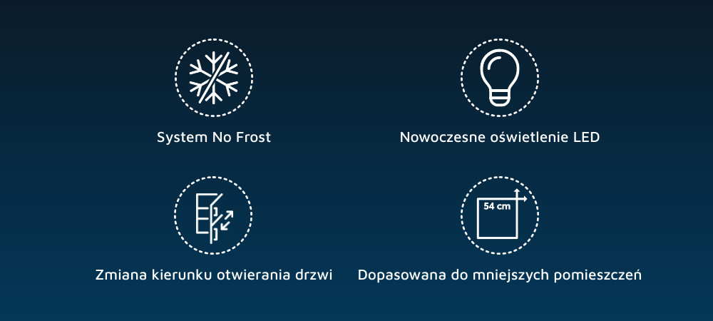 LODÓWKA BEKO RCNA305K40WN ikony cechy No Frost Oświetlenie LED Zmiana kierunku otwierania drzwi szerokość 54 cm