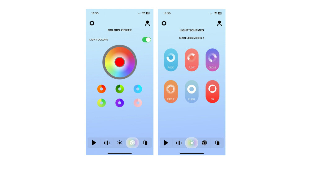 Obraz przedstawia dwa ekrany aplikacji mobilnej. Lewy ekran pokazuje \'COLORS PICKER\' z kołem kolorów i sześcioma kolorowymi ikonami, a prawy ekran \'LIGHT SCHEMES\' z sześcioma ikonami oznaczonymi jako ROCK, FLOW, CROSS, RIPPLE, FLASH, ON.