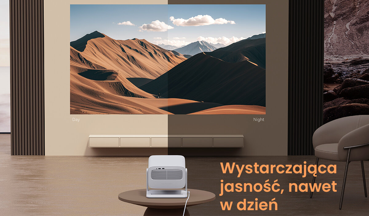 WANBO Vali 1 projektor jasność 900 ANSI lumenów wyraźny obraz, projektor stojący na stoliku wyswietlający obr4az na ścianie w warunkach za dnia oraz wieczorem