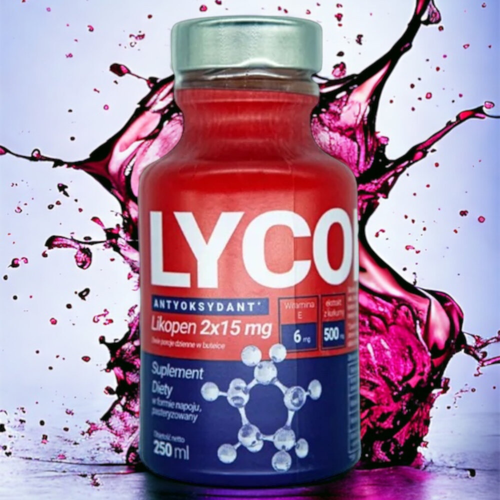 Napój LYCOPEN Antyoxidant Drink Witamina E + Kurkuma 15 x 250 ml butelka z rozbryzganym płynem dla osób aktywnych fizycznie ochrona mięśni i stawów regeneracja po wysiłku poprawia wydolność fizyczną wspomaga utrzymanie wysokiej formy