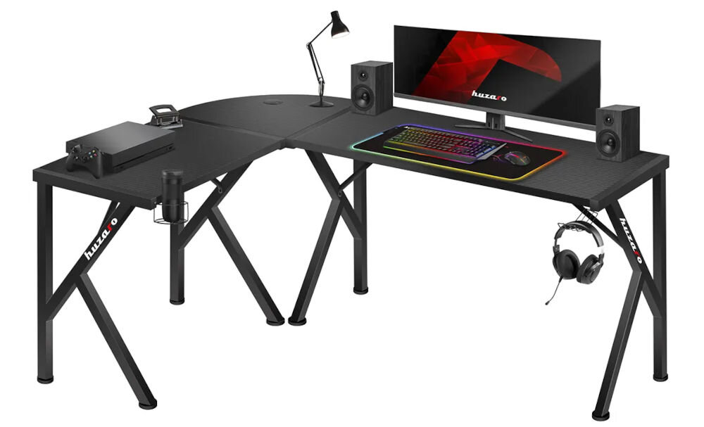 Biurko gamingowe HUZARO Hero 6.3 Czarny prezentacja biurka z akcesoriami na białym tle