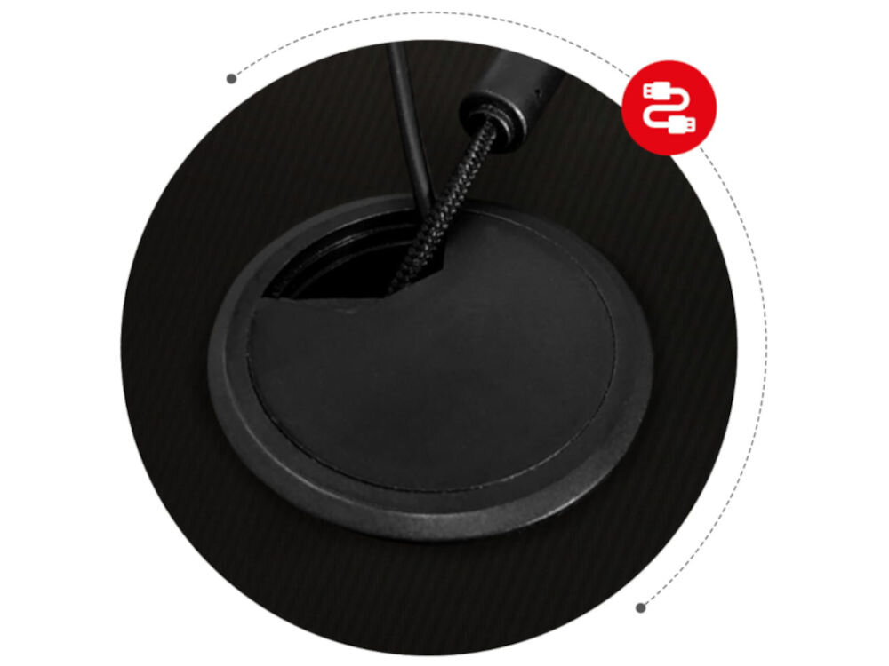 Biurko gamingowe HUZARO Hero 6.3 Czarny prezentacja wlotu na przewody na białym tle ułatwia organizację kabli komfort bezpieczeństwo