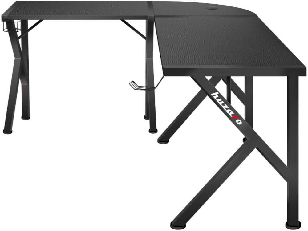 Biurko gamingowe HUZARO Hero 6.3 Czarny prezentacja biurka na białym tle dwa sposoby montażu przejrzysta instrukcja dopasowanie do potrzeb elastyczność konstrukcji