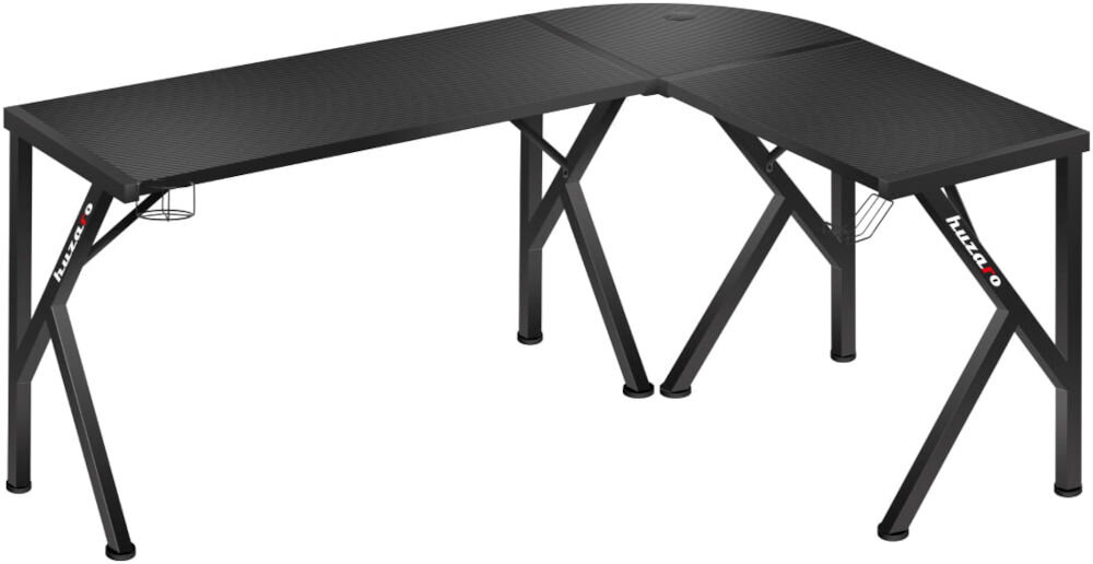 Biurko gamingowe HUZARO Hero 6.3 Czarny prezentacja biurka  na białym tle stelaż ze stali wzmocnione nogi szeroka rama stabilność regulowane stopki wypoziomowanie na różnych powierzchniach eliminuje chybotanie
