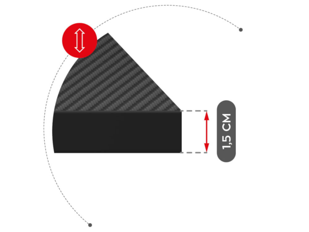 Biurko gamingowe HUZARO Hero 6.3 Czarny prezentacja grubości blatu na białym tle grubość blatu 1,5 cm stabilność komfort dobrze znosi obciążenie nie ulega odkształceniom