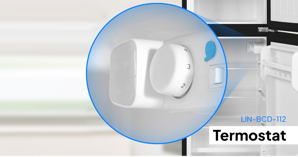 LODÓWKA LIN LI-BCD-112 CZARNA zbliżenie wnętrze lodówki termostat pokrętło regulacja temperatury ustawienia świeże produkty
