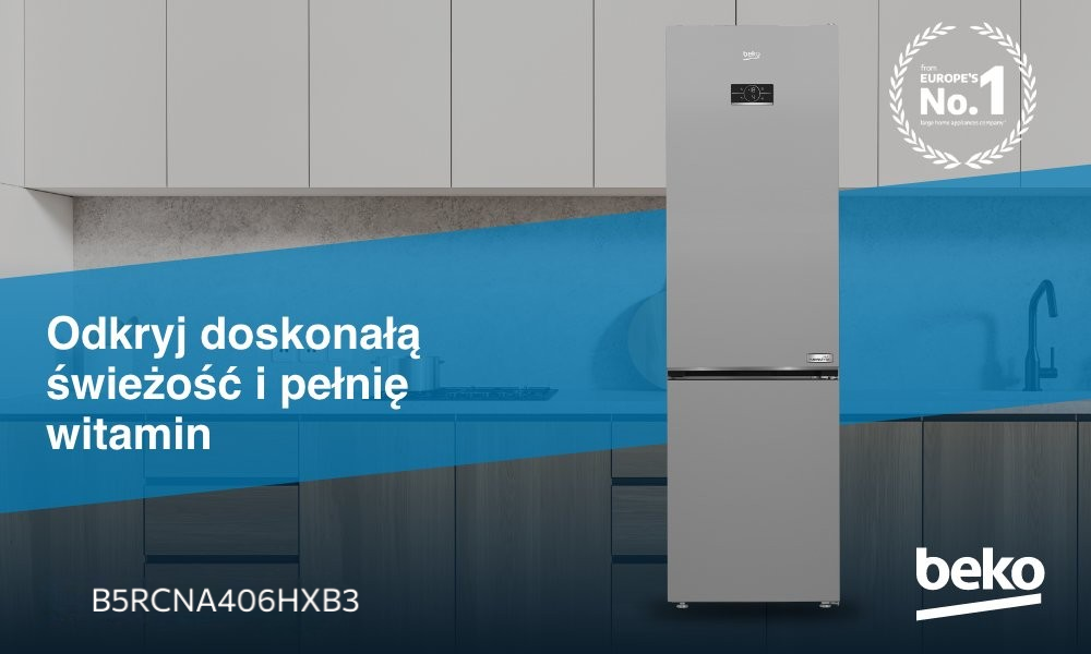 LODÓWKA BEKO B5RCNA406HXB3 wizualizacja lifestyle marka logo lodówka model kuchnia w tle front zamknięta kolor platynowy wysokość 186,5 cm