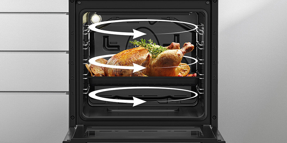KUCHNIA BEKO FSM51339DWDS wizualizacja strzałki kierunki wnętrze zamknięte kurczak mięso Pieczenie 3D działanie wielowymiarowe grzałki góra dół wentylator równe rozłożenie ciepła