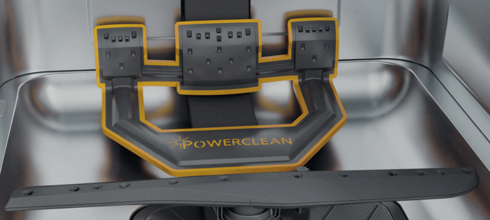 ZMYWARKA WHIRLPOOL WH6IA10BS7L0 wizualizacja lifestyle dno stal nierdzewna śmigło dolne napis nazwa Technologii Zmywanie bez namaczania Power Clean Pro więcej miejsca wygoda Oszczędność ekologia