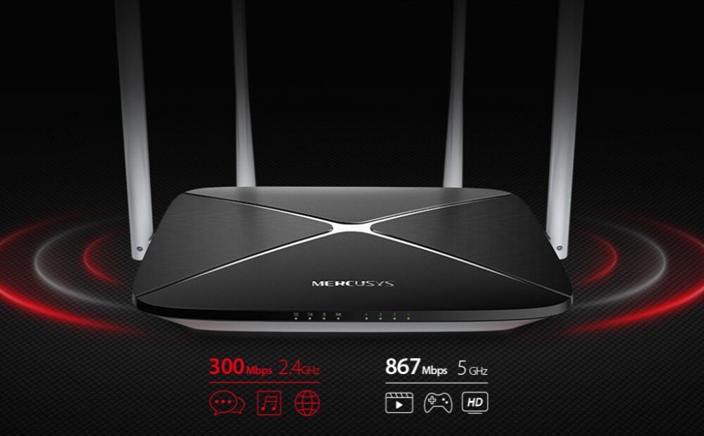 Router MERCUSYS AC12 Router pokazany od przodu z zaznaczonymi graficznie dwoma pasmami częstotliwości. Pod urządzeniem umieszczono oznaczenia: pasmo 2,4 GHz z prędkością 300 Mbps i pasmo 5 GHz z prędkością 867 Mbps, pasma Wi-Fi, prędkość