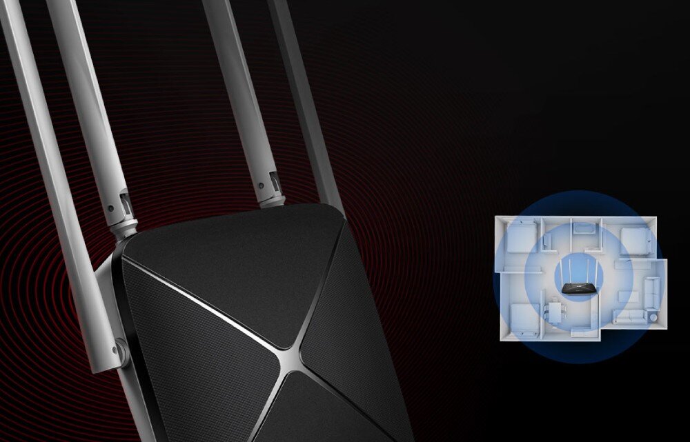 Router MERCUSYS AC12 Widok routera pod kątem zbliżonym do pionowego, ukazujący szczegóły anten. Obok urządzenia umieszczono grafikę mieszkania, przedstawiającą wizualnie zasięg sygnału rozchodzącego się od routera na wszystkie pomieszczenia, anteny, zasięg, sygnał