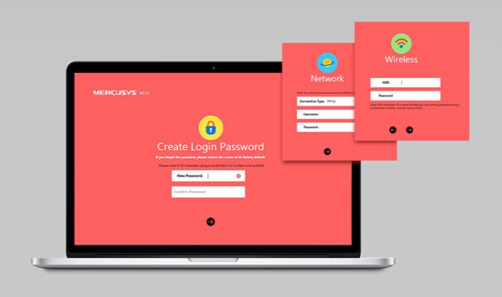 Router MERCUSYS AC12 Ekran laptopa przedstawiający trzy etapy konfiguracji routera: tworzenie hasła logowania, ustawienia sieci oraz ustawienia sieci bezprzewodowej, konfiguracja, instalacja