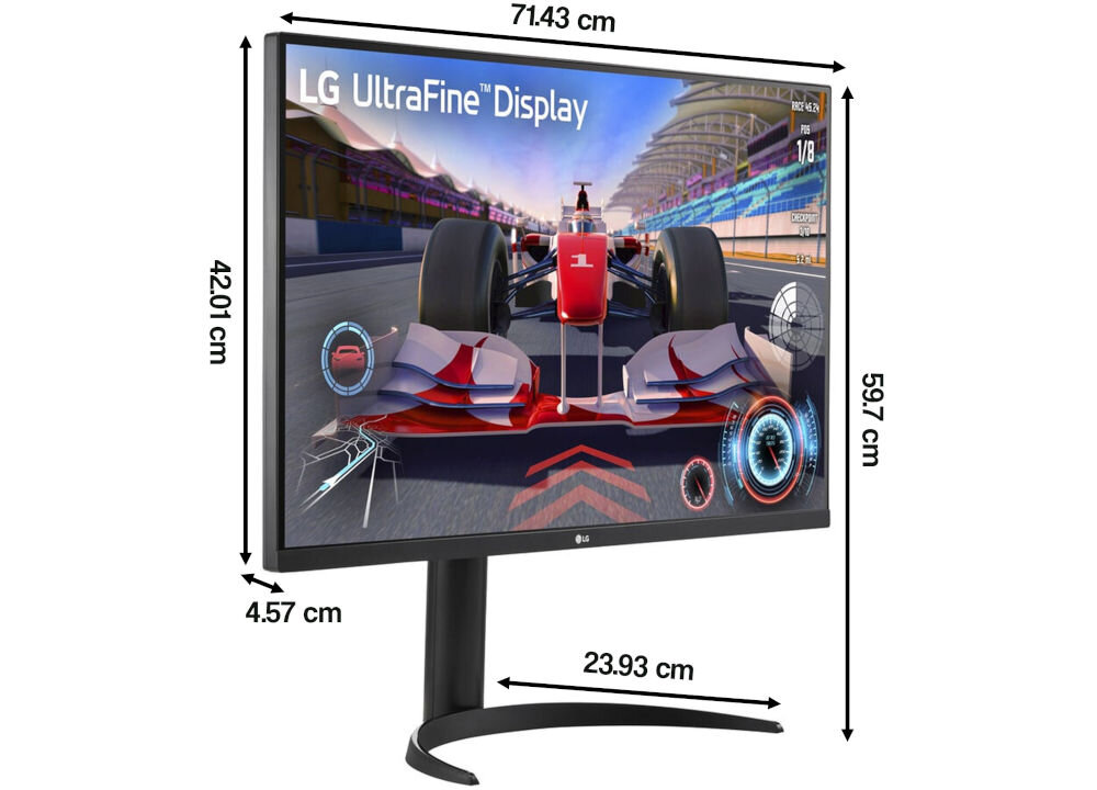 Monitor LG UltraFine 32UR550K-B 31.5 cala 3840x2160px 4 ms [GTG] prezentacja monitora na białym tle od przodu pod kątem z wymiarami przekątna komfort oglądania wymiary dopasowanie do różnych układów