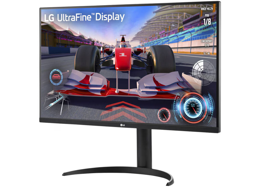 Monitor LG UltraFine 32UR550K-B 31.5 cala 3840x2160px 4 ms [GTG] prezentacja monitora pod kątem na białym tle 90% DCI-P3 wierne odwzorowanie kolorów