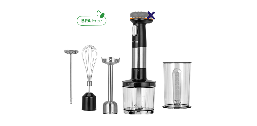 Blender z pojemnikiem do krojenia, przystawka miksująca, do ubijania i do spieniania mleka oraz pojemnik z miarką.