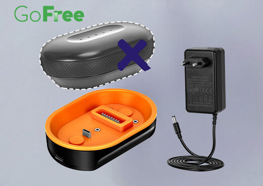 Baza wraz z ładowarką GoFree CAKU-02 i akumulator CAKU-01 na jednolitym tle.