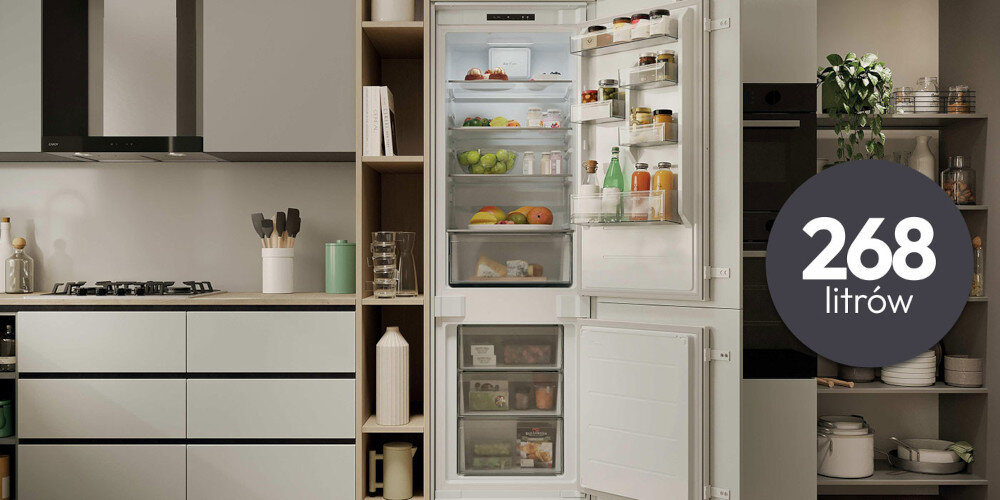 LODÓWKA CANDY ECNBQL3518EV FRESCO 400 wizualizacja zaudowa kuchnia otwarta wnętrze produkty półki balkoniki szuflada dekoracje ikona pojemność 268 litrów uporządkowane wnętrze dużo miejsca przestronność wygoda