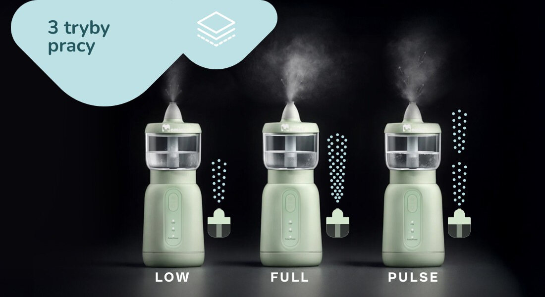 Irygator do nosa MOMINI BubbleBreath 3 tryby pracy Trzy tryby pracy LOW  FULL PULSE kontrola wiek rodzaj katar