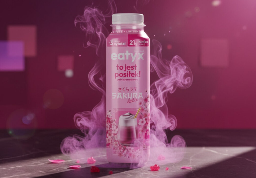 Posiłek w płynie EATYX Hyperfood Sakura Latte (300 ml) ciemnoróżowe tło butelka ustawiona na ciemnej płaskiej podłodze wokół butelki leżą płatki kwiatów posiłek w płynnie zbilansowany posiłek zdrowie