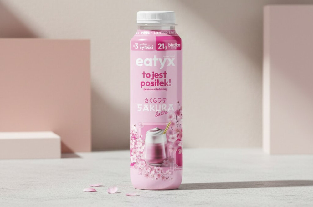 Posiłek w płynie EATYX Hyperfood Sakura Latte (300 ml) jasne tło szara podłoga butelka stoi na podłodze w tle jasnoróżowa ściana bazuje na białkach mleka bez laktozy łagodny dla układu pokarmowego dla osób z nietolerancją laktozy nie zawiera glutenu ani konserwantów nie zawiera dodatku cukru lekkostrawny, pełnowartościowy posiłek w płynie 4,8 g błonnika w porcji