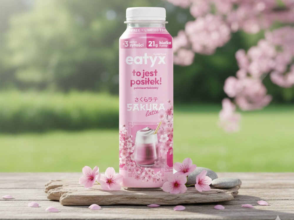 Posiłek w płynie EATYX Hyperfood Sakura Latte (300 ml) łąka ogród trawnik butelka ustawiona na płaskim kamieniu wokół leżą różowe kwiatki olej słonecznikowy źródło kwasów omega-6 i witaminy E chroni komórki przed stresem oksydacyjnym oraz wspiera serce, skórę i odporność węglan wodorotlenku magnezu magnez niezbędny dla kości, mięśni i układu nerwowego