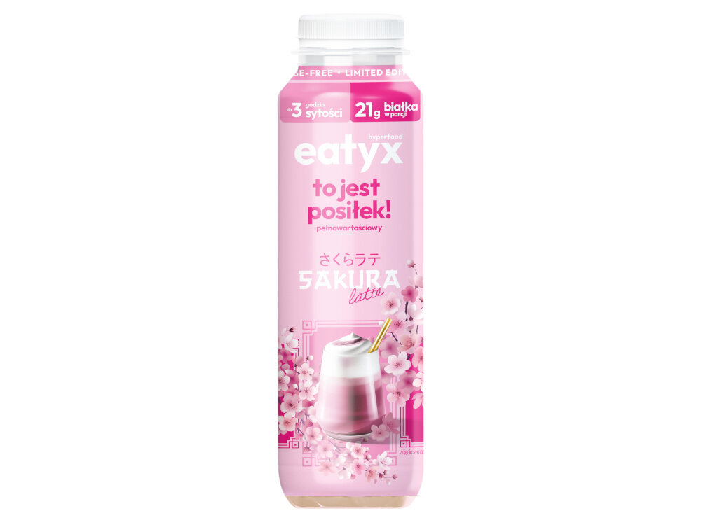 Posiłek w płynie EATYX Hyperfood Sakura Latte (300 ml) butelka posiłku na białym tle kremowa konsystencja kwiatowy aromat może stać się drobną przyjemnością smukła butelka pełnowartościowy posiłek w płynie świadome odżywianie dla osób prowadzących aktywny tryb życia dbają o poziom glikemii wygodnych i zbilansowanych rozwiązań żywieniowych