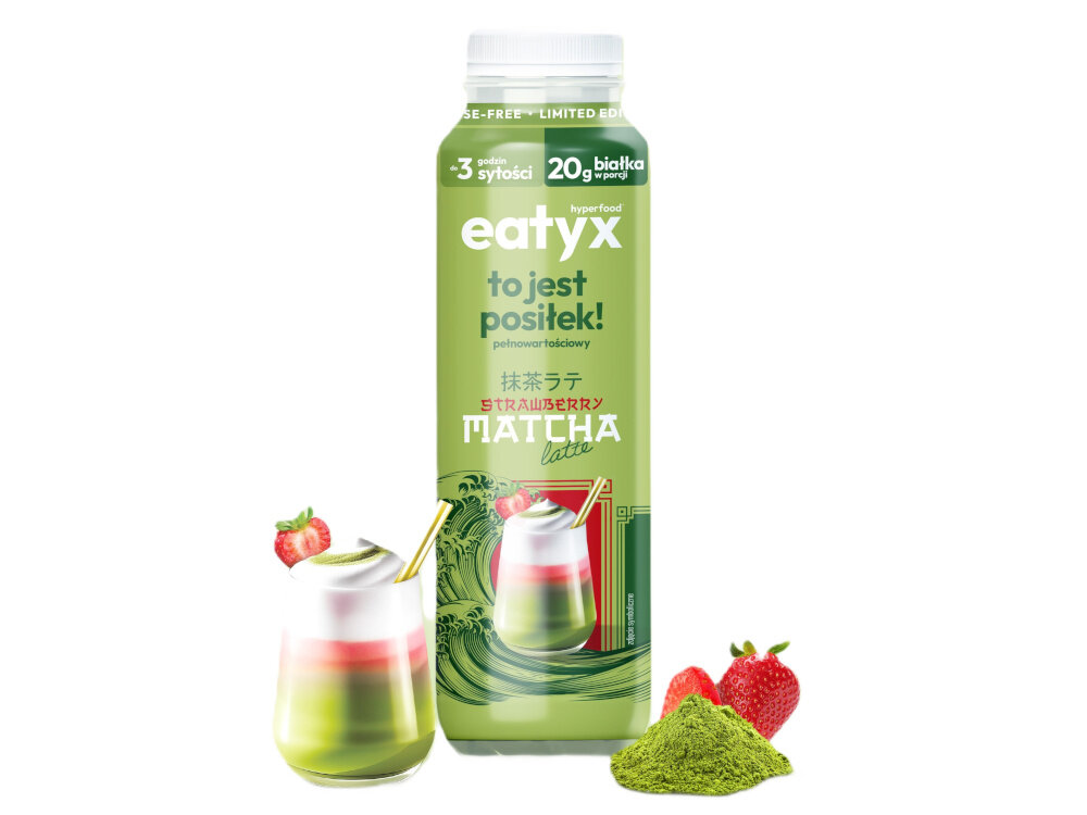 Posiłek w płynie EATYX Hyperfood Strawberry Matcha Latte (300 ml) butelka posiłku na białym tle obok stoi szklaneczka z zielonym płynem i truskawki o smaku Strawberry Matcha Latte nuta matchy z owocową świeżością truskawki pełnowartościowy posiłek w płynnej formie butelkae 300 ml wyrazisty charakter i roślinna nuta delikatna słodycz truskawki