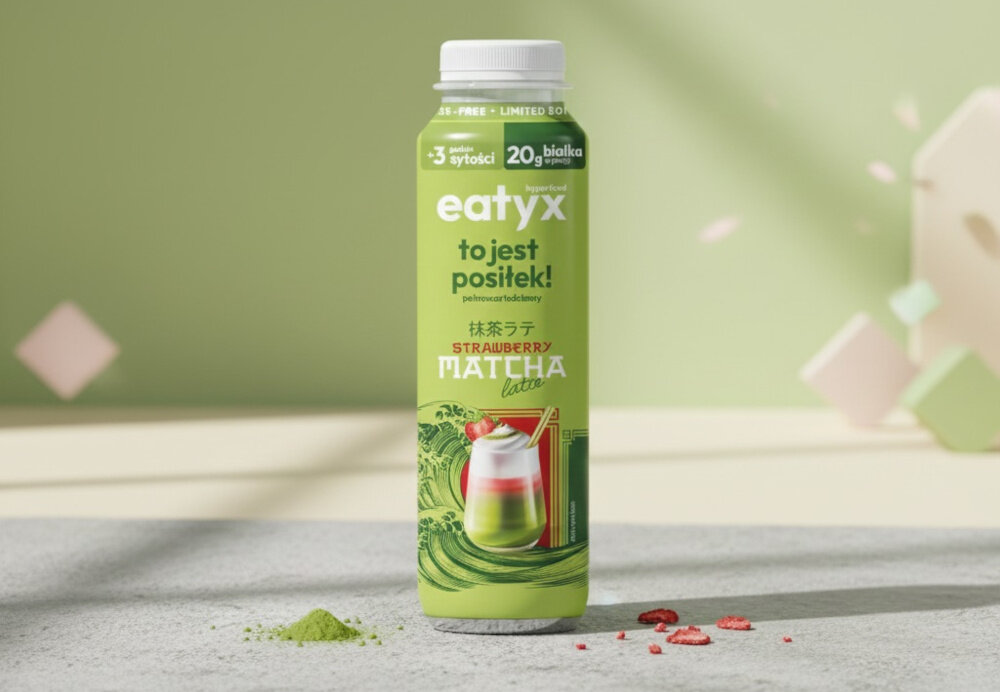 Posiłek w płynie EATYX Hyperfood Strawberry Matcha Latte (300 ml) jasne tło szara podłoga butelka stoi na podłodze w tle jasnozielona ściana bazuje na białkach mleka bez laktozy łagodny dla układu pokarmowego dla osób z nietolerancją laktozy nie zawiera glutenu ani konserwantów nie zawiera dodatku cukru lekkostrawny, pełnowartościowy posiłek w płynie 5,1 g błonnika w porcji