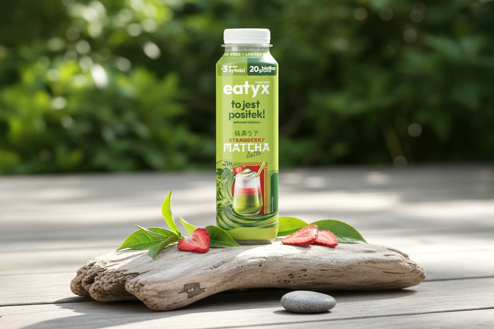 Posiłek w płynie EATYX Hyperfood Strawberry Matcha Latte (300 ml) łąka ogród trawnik butelka ustawiona na płaskim kamieniu wokół leżą truskawki olej słonecznikowy źródło kwasów omega-6 i witaminy E chroni komórki przed stresem oksydacyjnym oraz wspiera serce, skórę i odporność węglan wodorotlenku magnezu magnez niezbędny dla kości, mięśni i układu nerwowego