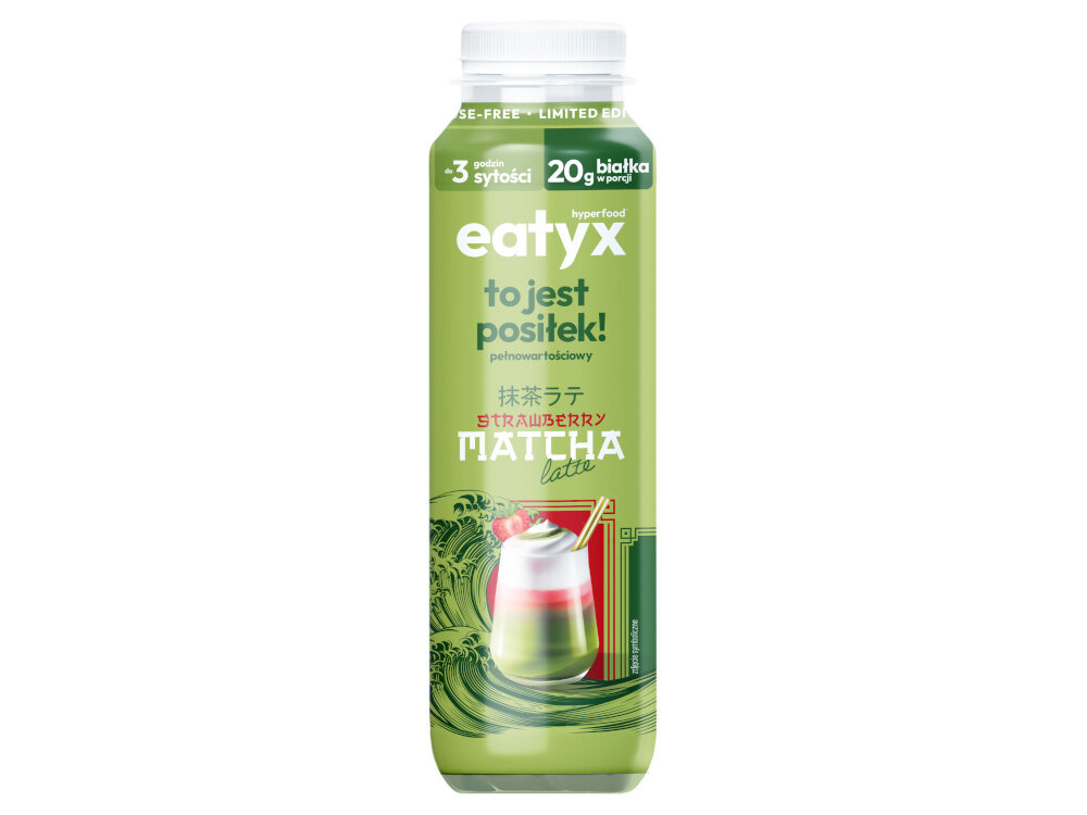 Posiłek w płynie EATYX Hyperfood Strawberry Matcha Latte (300 ml) butelka posiłku na białym tle kremowa konsystencja kwiatowy aromat może stać się drobną przyjemnością smukła butelka pełnowartościowy posiłek w płynie świadome odżywianie dla osób prowadzących aktywny tryb życia dbają o poziom glikemii wygodnych i zbilansowanych rozwiązań żywieniowych