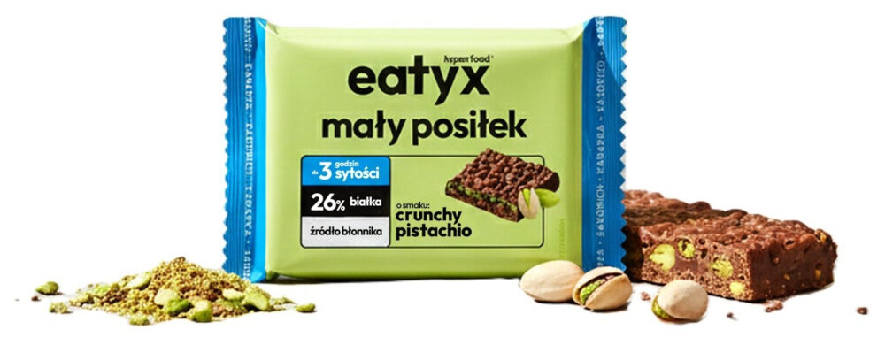 Baton proteinowy EATYX Hyperfood Pistacjowy (8 x 50 g) białe tło baton wokół pistacje niewielkie opakowanie ułatwia trzymanie posiłku zawsze przy sobie dla osób żyjących w szybkim tempie aktywnych fizycznie często poza domem wszystkich, którzy chcą utrzymać regularność jedzenia „plan B”