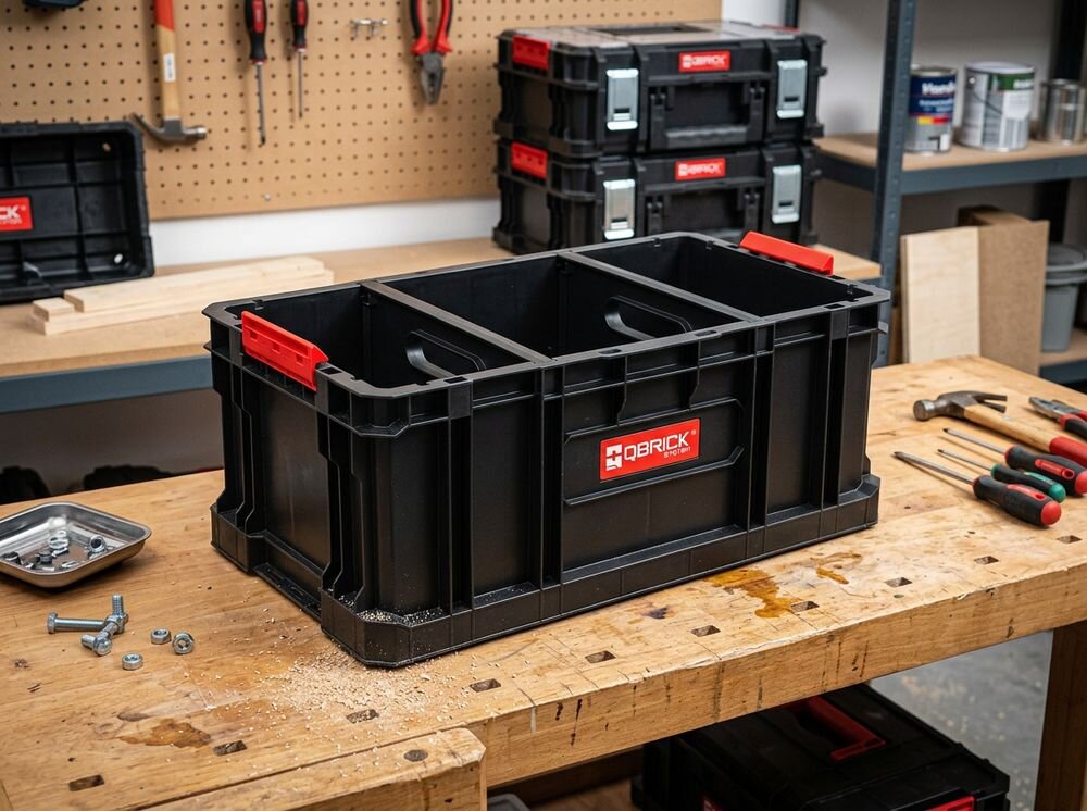 Skrzynka narzędziowa QBRICK System Two Box 200 Flex, przegrody, regulacja, organizacja, system, Mechanik kompletujący części przy stanowisku pracy.