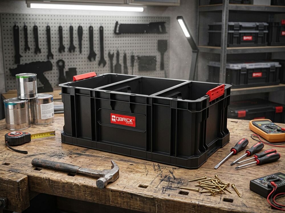 Skrzynka narzędziowa QBRICK System Two Box 200 Flex, konektory, łączenie, moduły, poliamid, Organizer wypełniony śrubami na blacie roboczym.