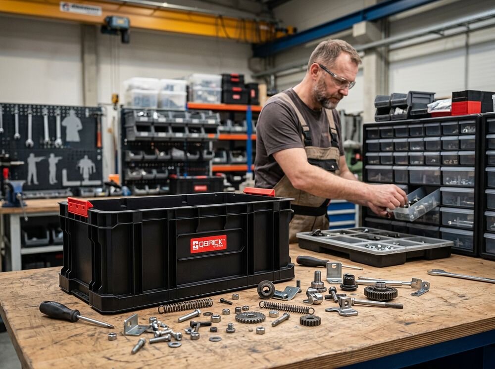 Skrzynka narzędziowa QBRICK System Two Box 200, pakowanie, wygoda, pojemność, praca, Mechanik przygotowuje części przy stole roboczym.