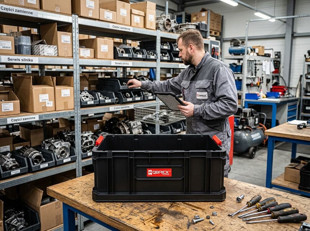 Skrzynka narzędziowa QBRICK System Two Box 200, system, mobilność, transport, modułowość, Czarny, otwarty pojemnik na narzędzia i części.