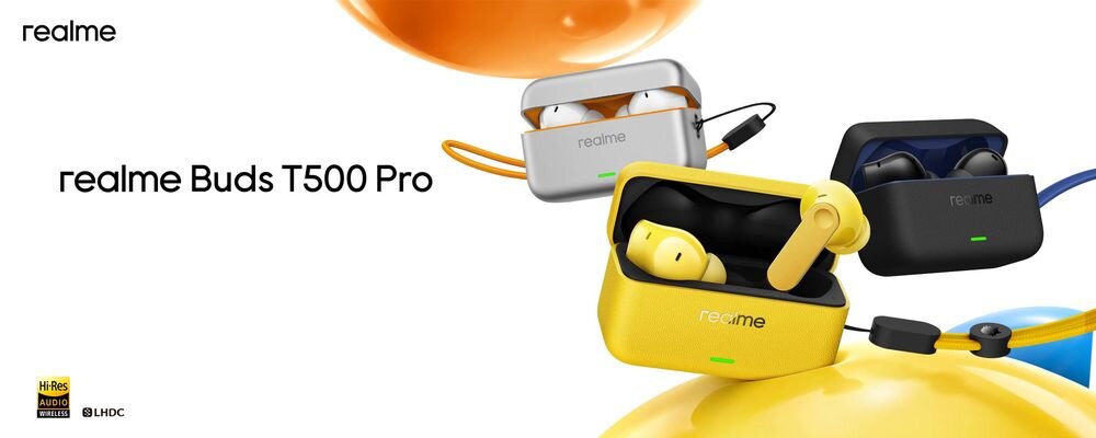 Słuchawki dokanałowe REALME Buds T500 Pro ANC lekka konstrukcja komfort noszenia futurystyczny design, trzy pary słuchawek z etui ładującym na białym tle, trzy kolorowe bańki