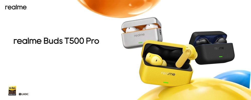 Słuchawki dokanałowe REALME Buds T500 Pro ANC lekka konstrukcja komfort noszenia futurystyczny design, trzy pary słuchawek z etui ładującym na białym tle, trzy kolorowe bańki