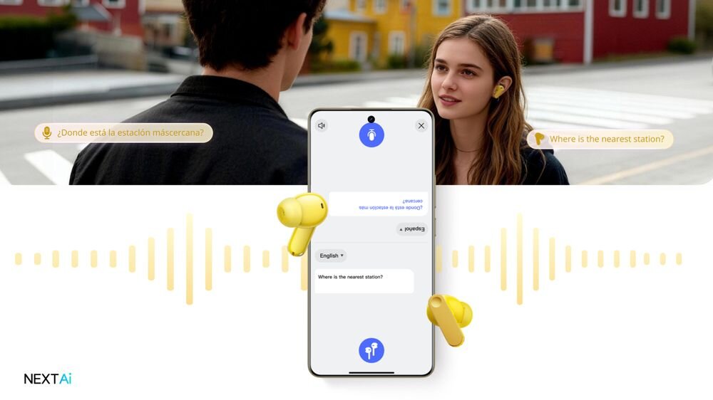 Słuchawki dokanałowe REALME Buds T500 Pro ANC Gemini tłumaczenie AI rozmowy w czasie rzeczywistym podróże, smartfon na pierwszym planie, osoby rozmawiające poprzez tłumacza AI