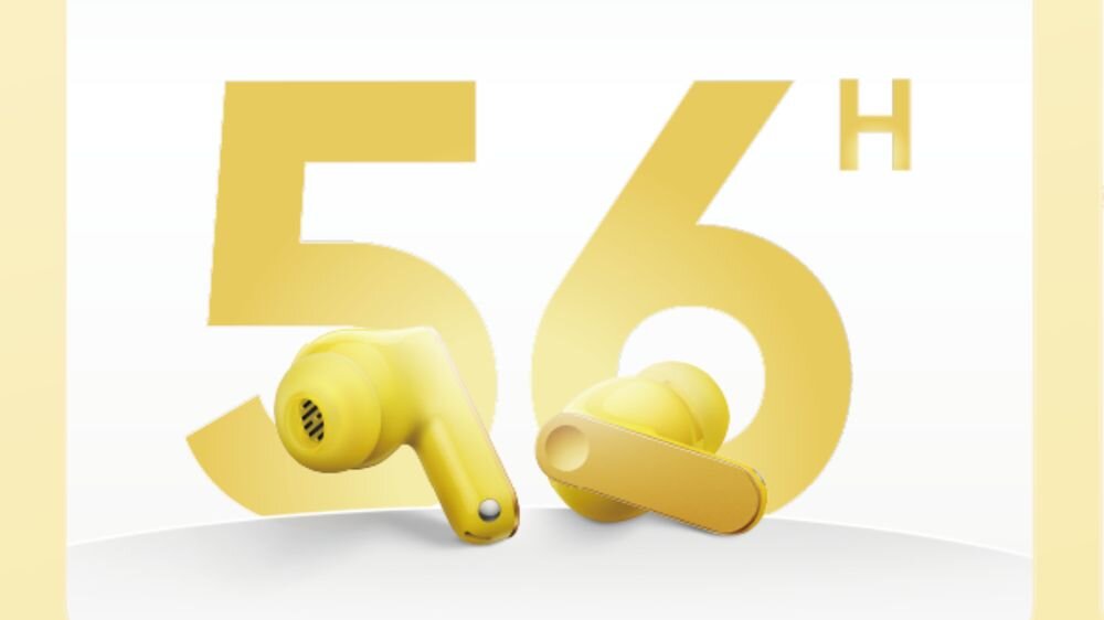 Słuchawki dokanałowe REALME Buds T500 Pro ANC 56 godzin pracy etui ładujące mobilność wygoda podróże, słuchawki z etui ładującym na białym tle, dźwiek przechodzący przez słuchawkę