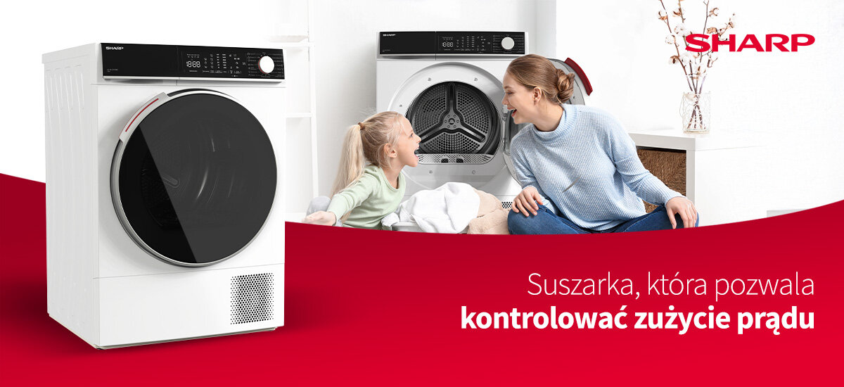 SUSZARKA SHARP KD-NHL8S9GWC-PL Połączenie zdjęcia suszarki z domową sceną tworzy przyjazną atmosferę korzystania ze sprzętu. Napis informuje o możliwości kontrolowania zużycia prądu