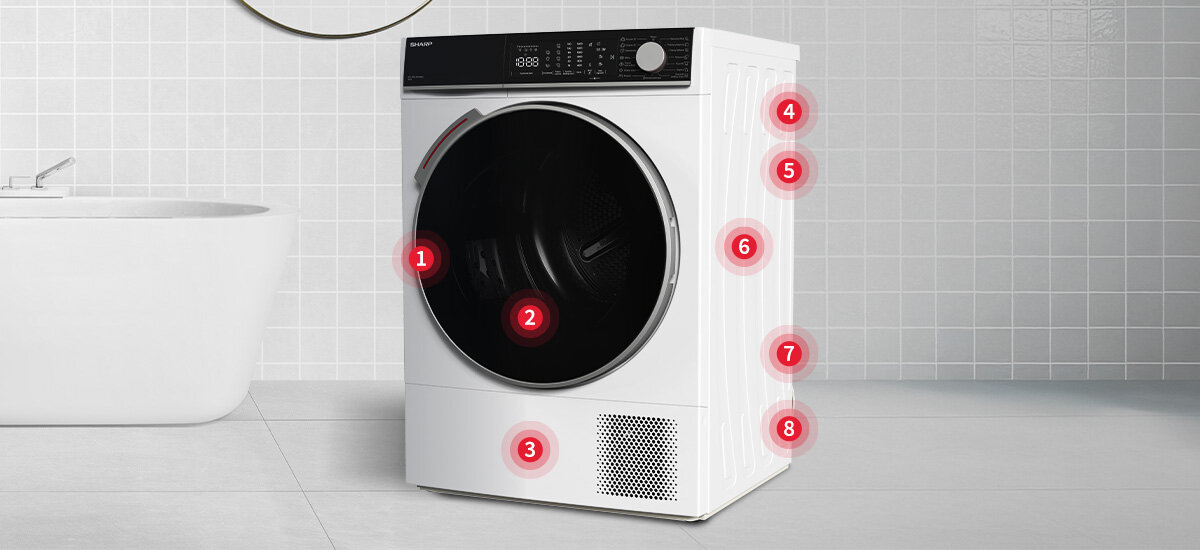 SUSZARKA SHARP KD-NHL8S9GWC-PL Urządzenie przedstawiono z zaznaczonymi elementami konstrukcyjnymi, które ułatwiają jego omówienie. Widoczny bęben i dolna kratka tworzą spójny wygląd sprzętu czujniki wilgotności automatyczne suszenie ochrona tkanin optymalna wilgotność miękkość ubrań