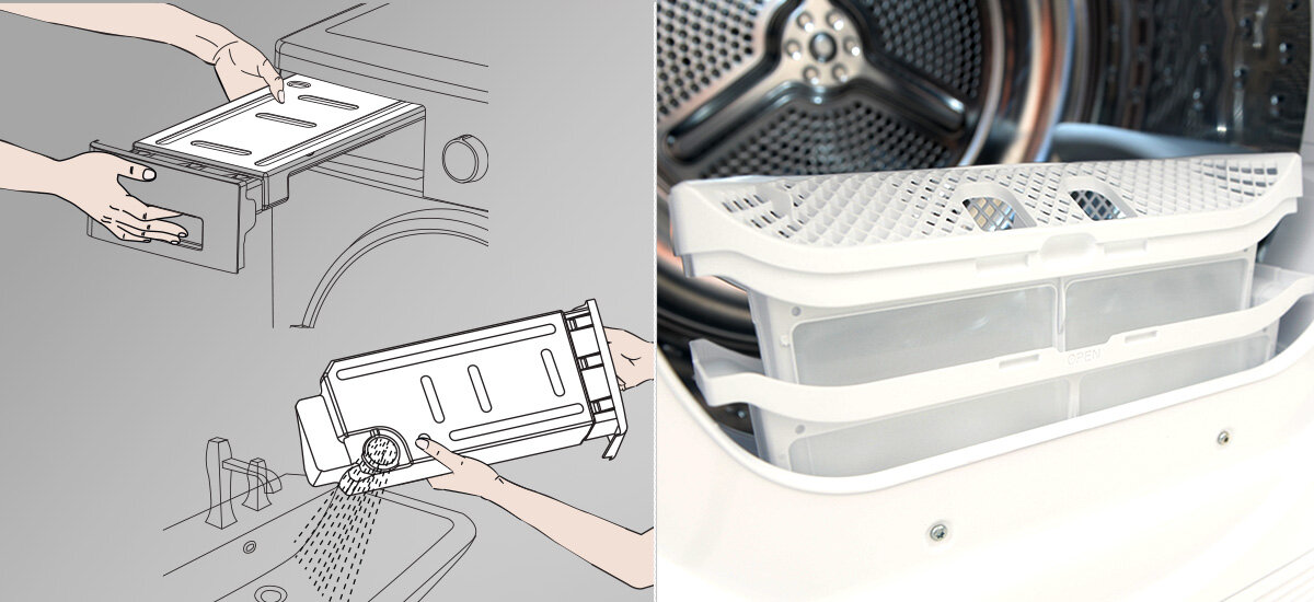 SUSZARKA SHARP KD-NHL8S9GWC-PL W ilustracji pokazano, jak opróżniać filtr, a obok znajduje się jego rzeczywiste zdjęcie. Zestawienie pomaga zrozumieć sposób konserwacji urządzenia wskaźnik filtra zbiornik na wodę czyszczenie skraplacza konserwacja przypomnienia