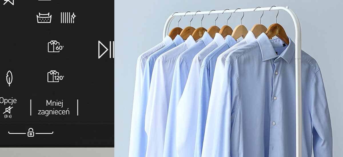SUSZARKA SHARP KD-NHL8S9GWC-PL Fragment panelu ukazuje opcję redukcji zagnieceń, a po prawej stronie znajdują się starannie powieszone koszule. Zdjęcie akcentuje dbałość o wygląd odzieży po zakończonym cyklu Anti-Crease mniej prasowania ochrona przed zagnieceniami delikatne obroty wygoda