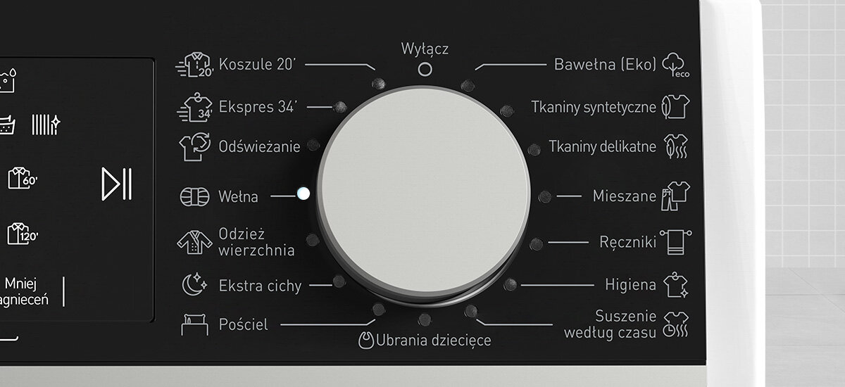 SUSZARKA SHARP KD-NHL8S9GWC-PL Na zdjęciu znajduje się pokrętło z wyraźnie opisanymi programami dopasowanymi do różnych typów tkanin. Rozmieszczenie ikon pozwala szybko wybrać odpowiedni tryb programy suszenia bawełna syntetyki wełna szybkie programy ochrona tkanin