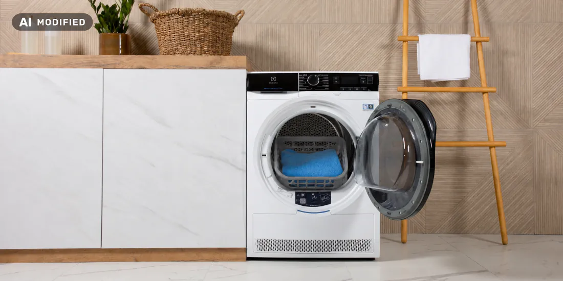Na obrazie znajduje się otwarta suszarka bębnowa marki Electrolux z widocznym niebieskim ręcznikiem w środku. Obok suszarki stoi szafka z białymi frontami oraz drewniana drabinka z zawieszonym ręcznikiem.