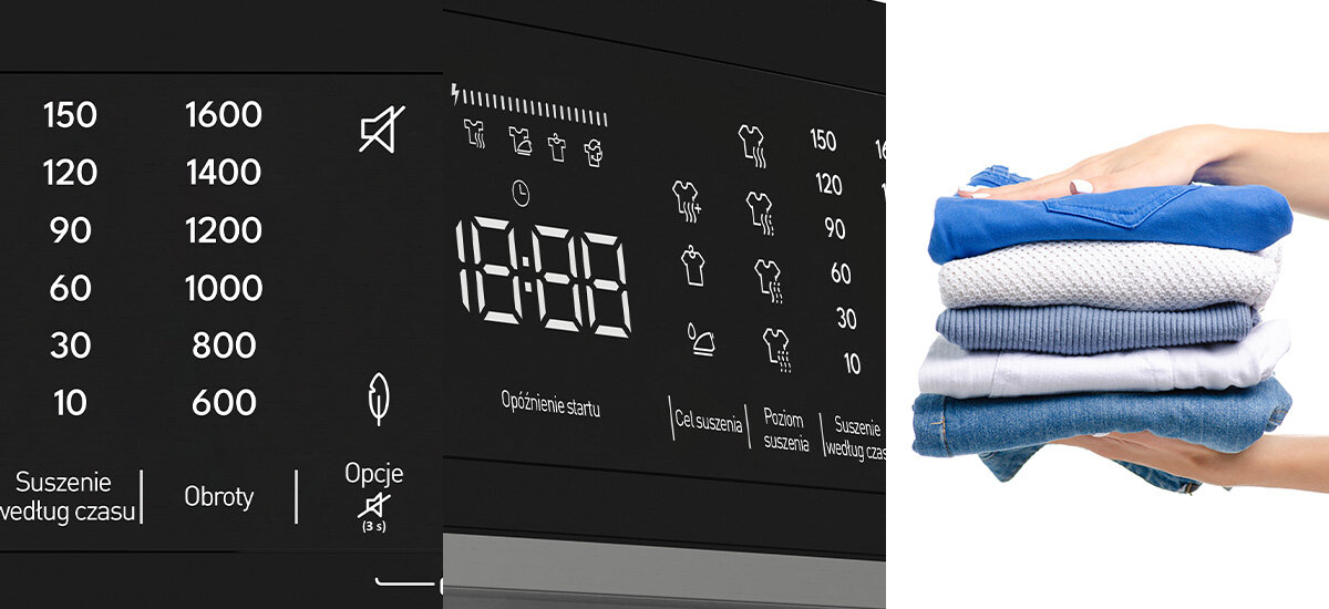 SUSZARKA SHARP KD-NHL9S9GWC-PL Wyświetlacz prezentuje parametry pracy suszarki, a obok znajduje się ujęcie świeżo złożonych ubrań. Zestawienie podkreśla efekt końcowy działania urządzenia regulacja obrotów Delay Timer opóźniony start planowanie cyklu wygodne użytkowanie