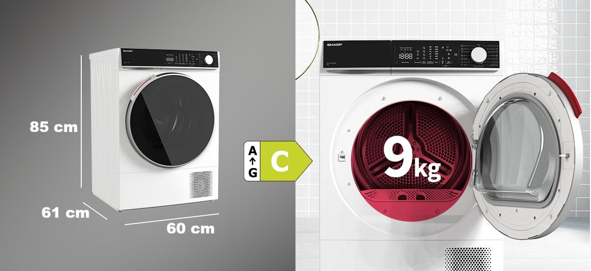 SUSZARKA SHARP KD-NHL9S9GWC-PL Model zaprezentowano wraz z wymiarami oraz klasą energetyczną, co ułatwia dopasowanie go do pomieszczenia. Obok widać otwarty bęben z informacją o ładowności 9 kg duża pojemność standardowe wymiary zabudowa klasa energetyczna C duże wsady