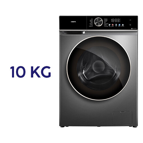 Pralka w kolorze ciemnoszarym z dużym okrągłym bębnem i panelem sterowania z wyświetlaczem cyfrowym. Obok pralki widoczny jest napis \'10 KG\'.