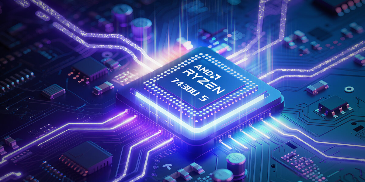 Obraz przedstawia procesor z napisem \'AMD Ryzen 5 7430U\' umieszczony na płycie głównej z widocznymi ścieżkami i elementami elektronicznymi. Procesor jest otoczony niebieskimi i fioletowymi światłami, co nadaje futurystyczny wygląd.
