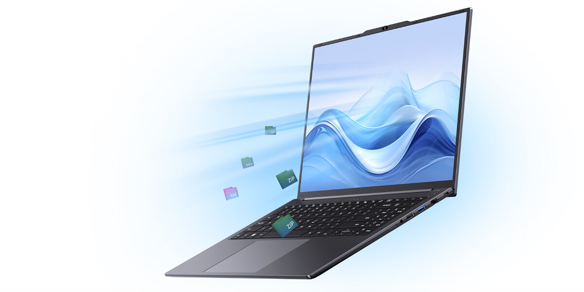 Laptop z otwartym ekranem wyświetlającym abstrakcyjną grafikę z falami. Wokół laptopa unoszą się kolorowe ikony symbolizujące dane lub aplikacje.